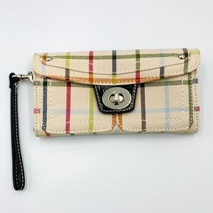 Cream red green black Plaid/checkered wristlet/wallet silver turnlock closure